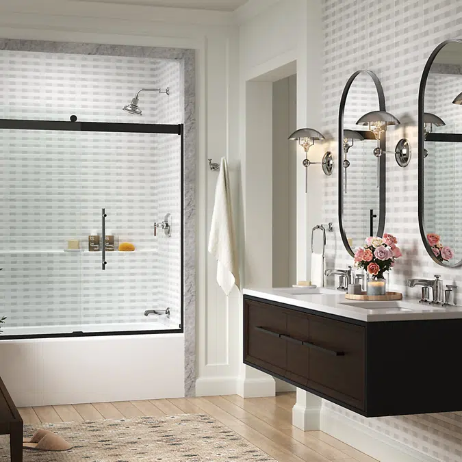 Levity® Plus Frameless sliding bath door, 61-9/16" H x 56-5/8 - 59-5/8" W, with 3/8"-thick Crystal Clear glass