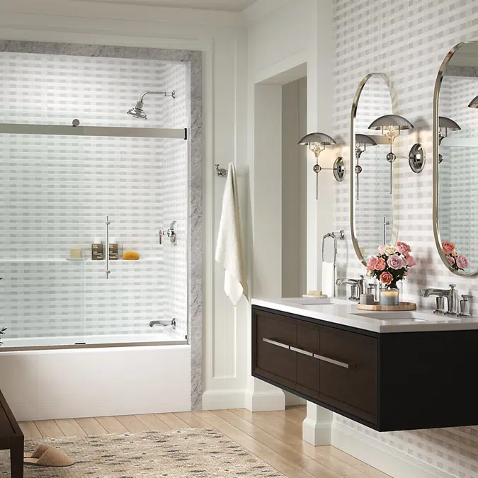 Levity® Plus Frameless sliding bath door, 61-9/16" H x 56-5/8 - 59-5/8" W, with 3/8"-thick Crystal Clear glass