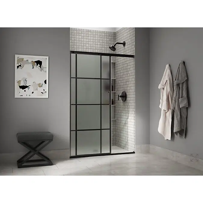 Elate™ Sliding shower door, 70-1/2" H x 50-1/4 - 53-5/8" W, with 1/4" thick Frosted glass with rectangular grille pattern