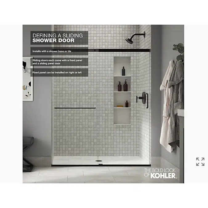 Elate™ Sliding shower door, 70-1/2" H x 50-1/4 - 53-5/8" W, with 1/4" thick Frosted glass with rectangular grille pattern