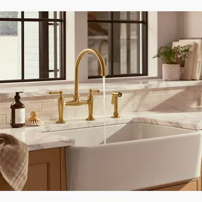 Imagem para Edalyn™ by Studio McGee Two-hole bridge kitchen sink faucet with side sprayer}