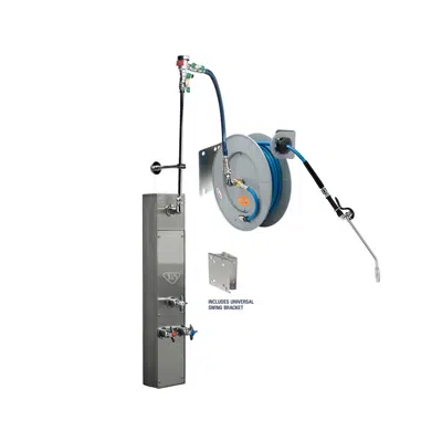 Image for B-7242-U10WS8BC 50' Epoxy Coated Open Hose Reel w/ Stainless Steel Surface Mount Cabinet with Bottom Inlets, Mixing Valve w/ Cerama Cartridges, Control Valve, Vacuum Breaker and EasyInstall Stainless Steel Swing Bracket