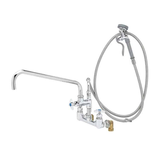 B-0289 Big-Flo Spray Assembly: 8" Wall Mount, 18" Add-On Faucet, Angled Spray Valve, Elbow Inlets