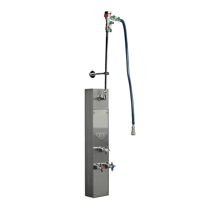 B-1460-SMB Hose Reel SS Cabinet for Surface Bottom Inlet Mounting w/ Mixing Valve. Control Valve, Service Stops, In-Line Vacuum Breakers, Inlet Unions, Eterna Cartridges w/ 4-Arm handles & Hose Reel Connector Kit