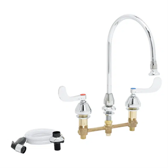 B-2347 Medical Faucet w/Sidespray, 8" Centers, Gooseneck w/Rosespray Aerator, 4" Wrist Handles
