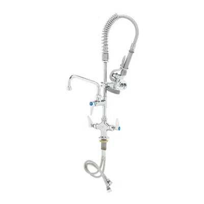billede til MPZ-2DLN-06 EasyInstall Mini Pre-Rinse Unit: Single Deck Mount Base Mixing Faucet, Add-On Faucet, Swing Nozzle, Compact Spring & Flex Hose, B-0107 Spray Valve, 6" Wall Bracket, Lever Handles