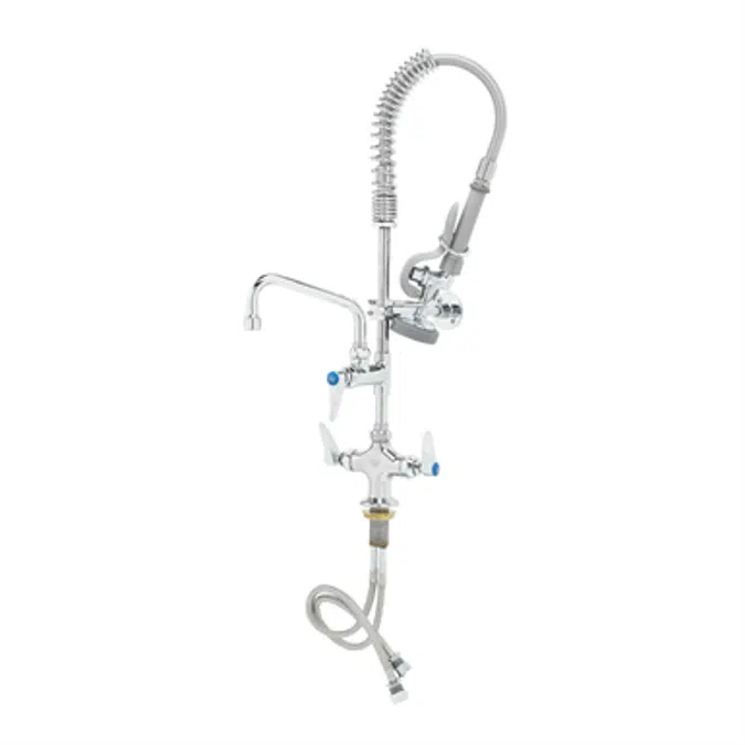 MPZ-2DLN-06 EasyInstall Mini Pre-Rinse Unit: Single Deck Mount Base Mixing Faucet, Add-On Faucet, Swing Nozzle, Compact Spring & Flex Hose, B-0107 Spray Valve, 6" Wall Bracket, Lever Handles