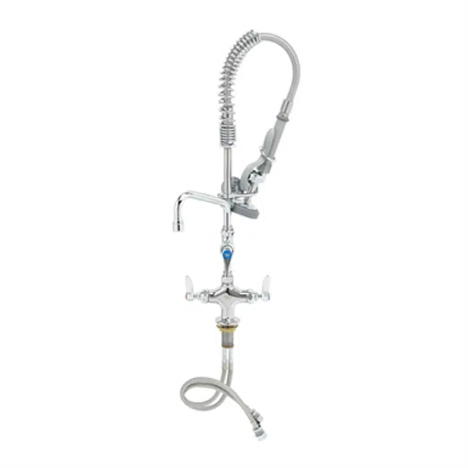 MPZ-2DLN-06 EasyInstall Mini Pre-Rinse Unit: Single Deck Mount Base Mixing Faucet, Add-On Faucet, Swing Nozzle, Compact Spring & Flex Hose, B-0107 Spray Valve, 6" Wall Bracket, Lever Handles