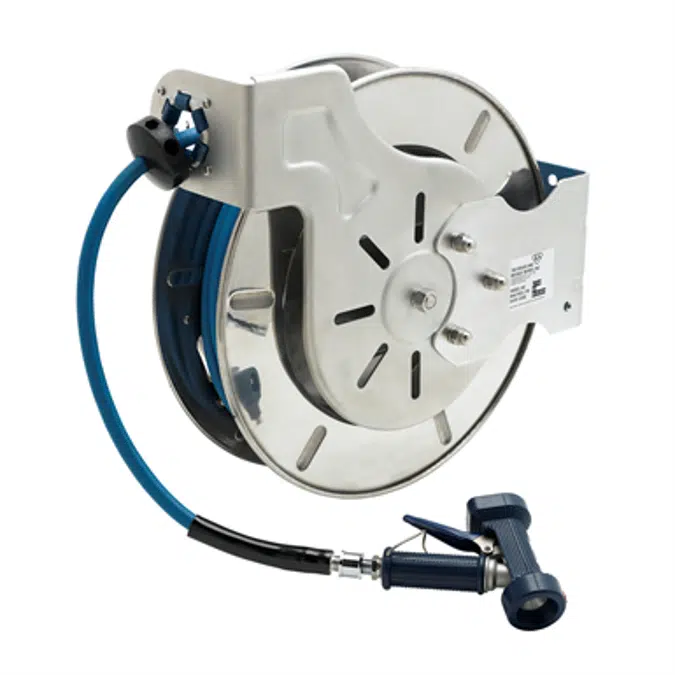 B-7142-02 Hose Reel, Open, Stainless Steel, 3/8" x 50' Hose, Rear Trigger Water Gun