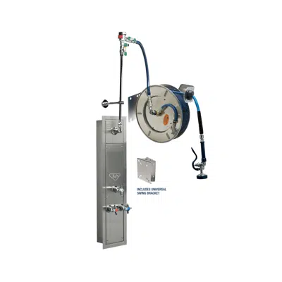 bild för B-7142-U01WS7BC 50' Stainless Steel Open Hose Reel w/ Stainless Steel Recessed Cabinet with Bottom Inlets, Mixing Valve w/ Cerama Cartridges, Control Valve, Vacuum Breaker and EasyInstall Stainless Steel Swing Bracket