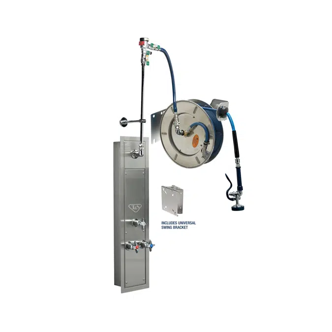 B-7142-U01WS7BC 50' Stainless Steel Open Hose Reel w/ Stainless Steel Recessed Cabinet with Bottom Inlets, Mixing Valve w/ Cerama Cartridges, Control Valve, Vacuum Breaker and EasyInstall Stainless Steel Swing Bracket