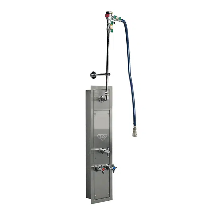 B-1460-RMT Hose Reel SS Cabinet & Flange for Recess  Top Inlets Mounting w/ Mixing Valve. Control Valve, Service Stops, In-Line Vacuum Breakers, Inlet Unions, Eterna Cartridges w/ 4-Arm handles & Hose Reel Connector Kit