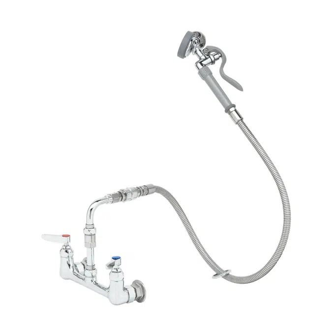 B-0167-HH 8" Wall Mount Faucet, Vacuum Breaker, 44" S'Steel Hose, B-0107-035 Spray Valve ( Huddle House )