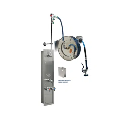 Image for B-7132-U01WS7TC 35' Stainless Steel Open Hose Reel w/ Stainless Steel Recessed Cabinet with Top Inlets, Mixing Valve w/ Cerama Cartridges, Control Valve, Vacuum Breaker and EasyInstall Stainless Steel Swing Bracket