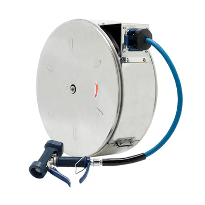 B-7142-C05 Hose Reel, Enclosed, Stainless Steel, 3/8" ID x 50' Hose, Front Trigger Water Gun