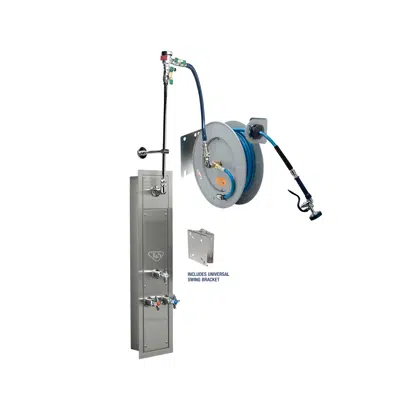 bild för B-7242-U01WS7BC 50' Epoxy Coated Open Hose Reel w/ Stainless Steel Recessed Cabinet with Bottom Inlets, Mixing Valve w/ Cerama Cartridges, Control Valve, Vacuum Breaker and EasyInstall Stainless Steel Swing Bracket