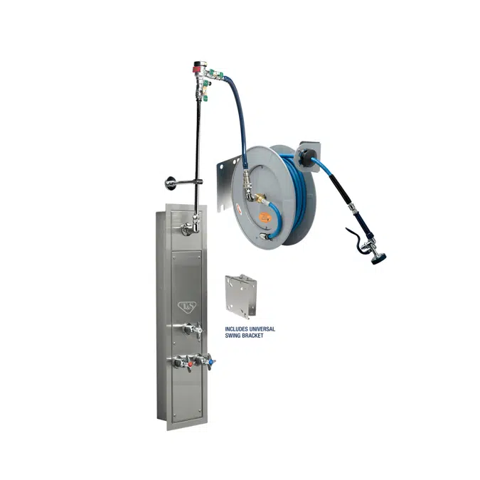 B-7242-U01WS7BC 50' Epoxy Coated Open Hose Reel w/ Stainless Steel Recessed Cabinet with Bottom Inlets, Mixing Valve w/ Cerama Cartridges, Control Valve, Vacuum Breaker and EasyInstall Stainless Steel Swing Bracket