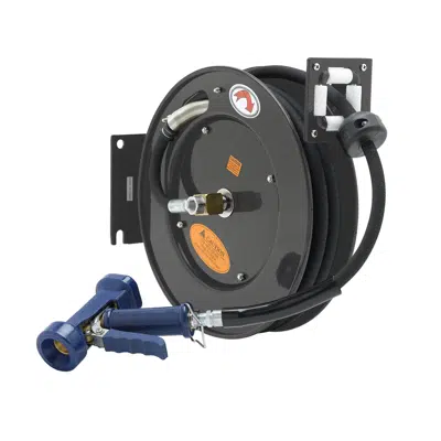 imagen para 5HR-242-12 Hose Reel, Open, Powder Coated Steel, 3/8" x 50' ID Hose, Front Trigger Water Gun (Brass)