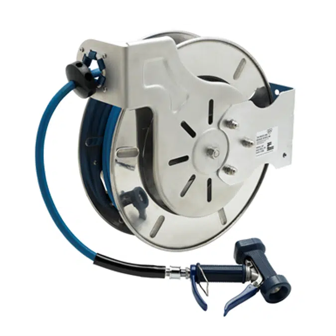B-7142-05 Hose Reel, Open, Stainless Steel, 3/8" x 50' Hose, Front Trigger Water Gun