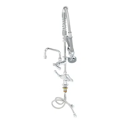Image pour MPZ-2DCN-06 EasyInstall Mini Pre-Rinse Unit: Single Deck Mount Base Mixing Faucet, Add-On Faucet, Swing Nozzle, Compact Spring & Flex Hose, B-0107 Spray Valve, 6" Wall Bracket, Club Handles
