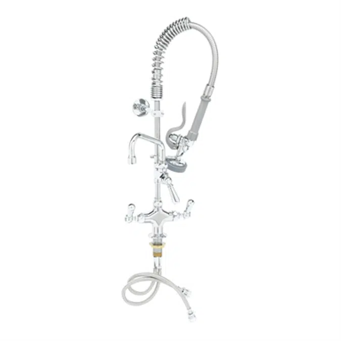MPZ-2DCN-06 EasyInstall Mini Pre-Rinse Unit: Single Deck Mount Base Mixing Faucet, Add-On Faucet, Swing Nozzle, Compact Spring & Flex Hose, B-0107 Spray Valve, 6" Wall Bracket, Club Handles