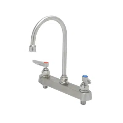obraz dla S-1142 8" Stainless Steel Deck Mount Workboard Faucet with Stainless Steel Lever Handles and Stainless Steel Swivel Gooseneck with 2.2 GPM Stainless Steel Aerator
