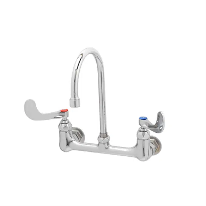 B-0330-04 Double Pantry Faucet, Wall Mount, 8" Centers, Rigid Gooseneck, 4" Wrist Action Handles