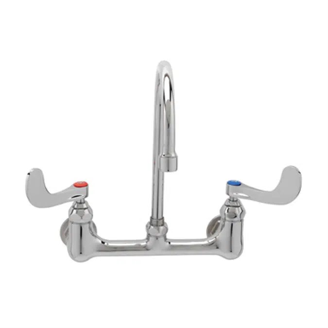 B-0330-04 Double Pantry Faucet, Wall Mount, 8" Centers, Rigid Gooseneck, 4" Wrist Action Handles