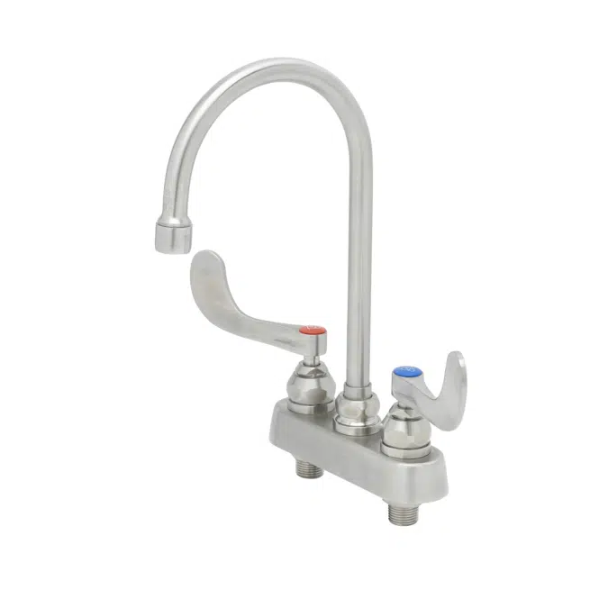 S-1141-04 4" Stainless Steel Deck Mount Workboard Faucet with 4" Stainless Steel Wrist Action Handles, 6" Stainless Steel Gooseneck and 2.2 GPM Stainless Steel Aerator