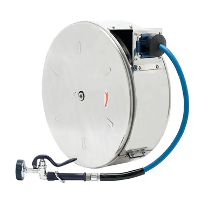 B-7142-C01 Hose Reel, Enclosed, Stainless Steel, 50' Hose, 3/8" ID with Spray Valve