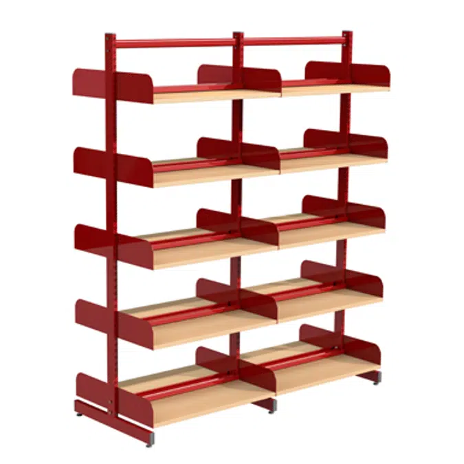 Freestanding shelving system T-frame 1000, wooden shelves on shelf ends