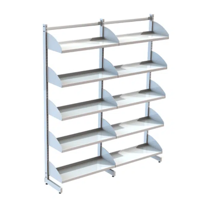 Freestanding shelving system L-frame 900, metal shelves on brackets