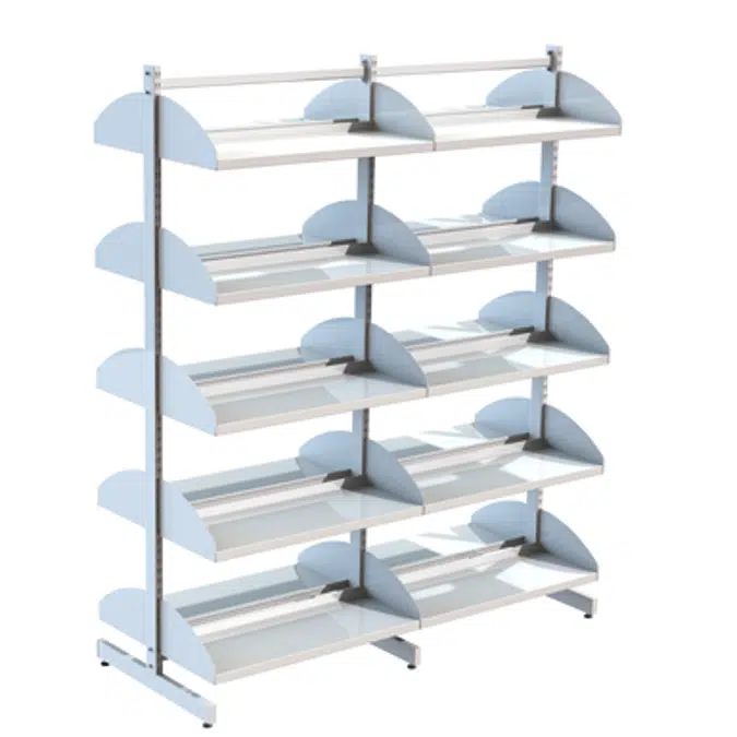 Freestanding shelving system T-frame 900, metal shelves on brackets