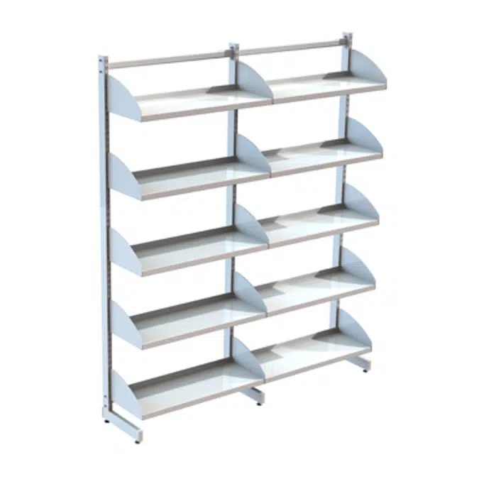 Freestanding shelving system L-frame 900, metal shelves on shelf ends