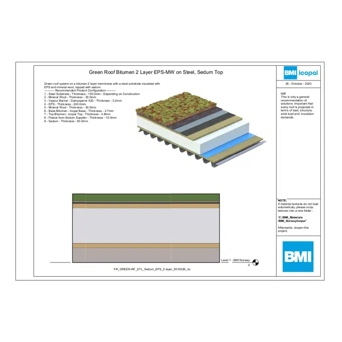 Green Roof Bitumen 2 Layer EPS-MW on Steel, Sedum Top