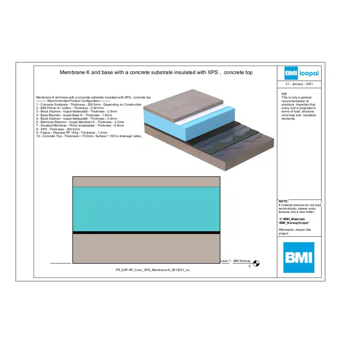 Membrane K and base with a concrete substrate insulated with XPS, concrete top