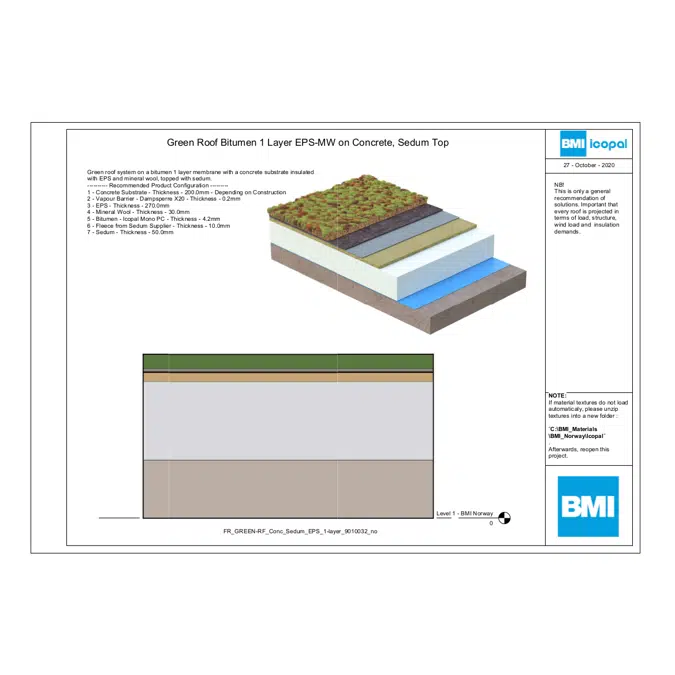 Green Roof Bitumen 1 Layer EPS-MW on Concrete, Sedum Top