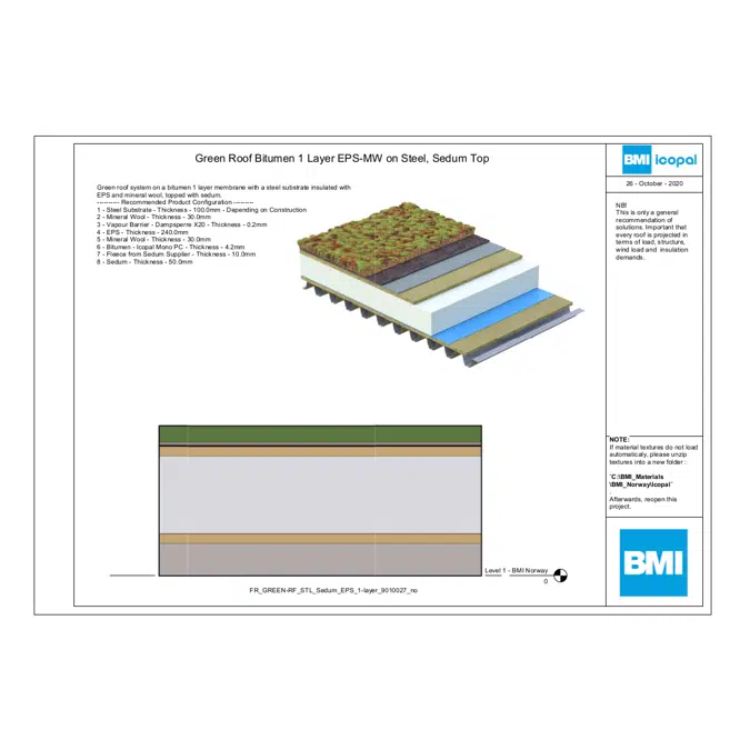 Green Roof Bitumen 1 Layer EPS-MW on Steel, Sedum Top