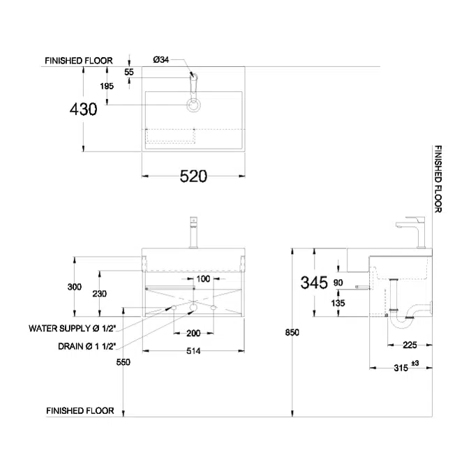 Bim Objects - Free Download! Mogen Semi-recessed (ma048) Wash Basin 