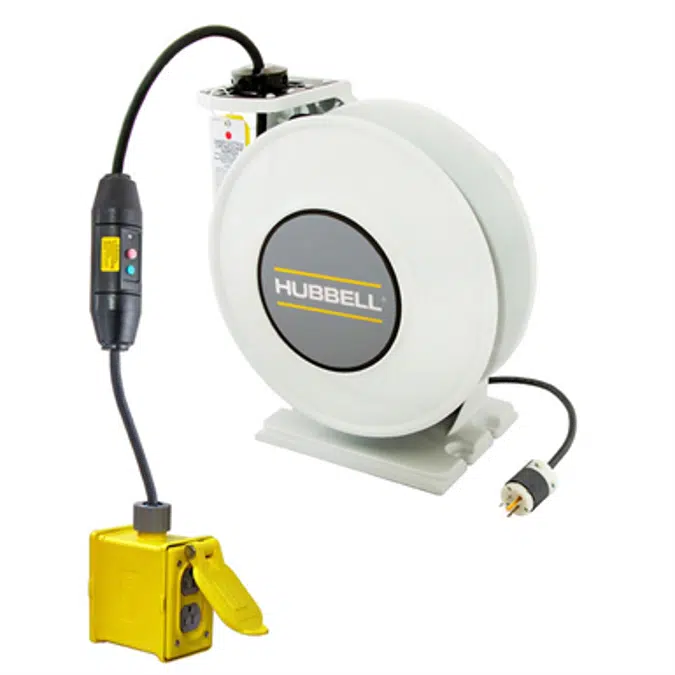 Cord and Cable Reels, White Industrial Reel with Yellow Portable Outlet Box, GFCI Module, 45' 12/3 - HBLI45123GF220