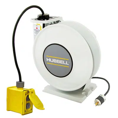 afbeelding voor Cord and Cable Reels, White Industrial Reel with Yellow Portable Outlet Box, GFCI Module, 45' 12/3 - HBLI45123GF20