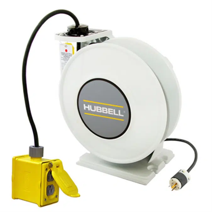 Cord and Cable Reels, White Industrial Reel with Yellow Portable Outlet Box, GFCI Module, 45' 12/3 - HBLI45123GF20