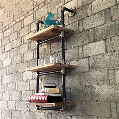 kép a termékről - Furniture Pipeline Industrial Chic, 3 Tiered Étagère Wall Mounted Pipe Shelf Rack (Grey Steel Pipes And Brass Fittings With Natural Stained Wood)