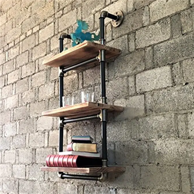 Furniture Pipeline Industrial Chic, 3 Tiered Étagère Wall Mounted Pipe Shelf Rack (Grey Steel Pipes And Brass Fittings With Natural Stained Wood)