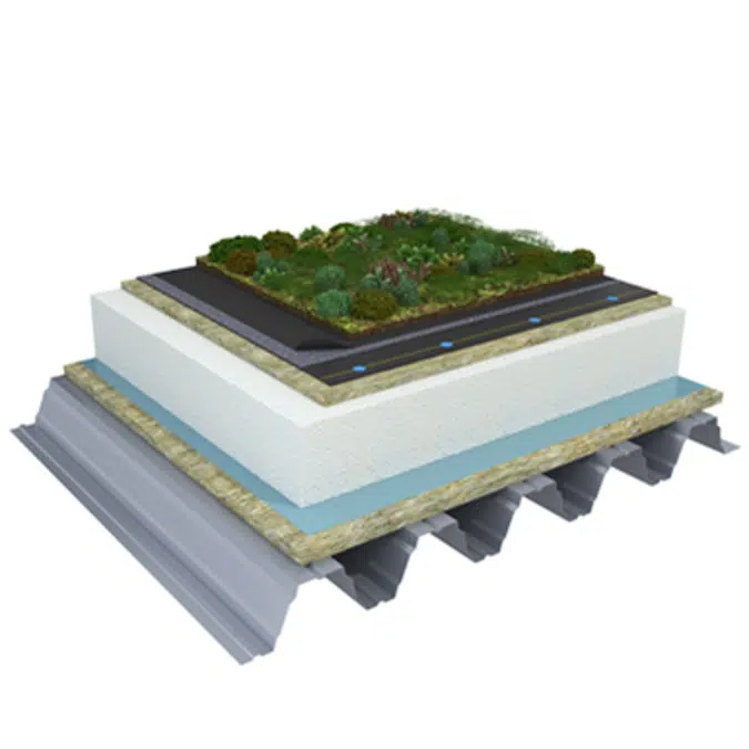 Mono PM 1-layer system for green roofs with a slope ≥3,6° on troughed sheet insulated with mineral wool and expanded polystyrene