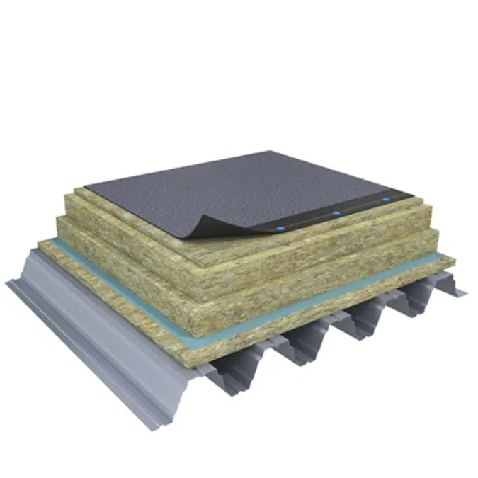 Mono PM 1-layer system of SBS-modified bitumen on troughed sheet insulated with mineral wool