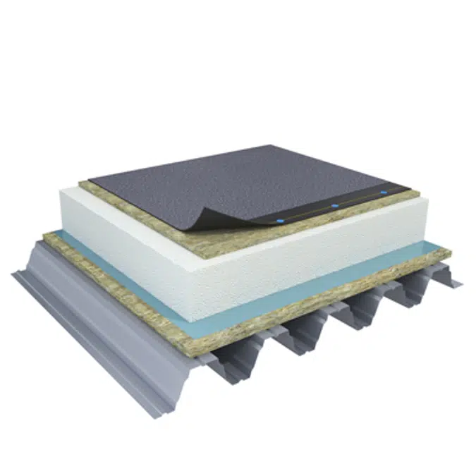 Mono PM 1-layer system of SBS-modified bitumen on troughed sheet insulated with mineral wool and expanded polystyrene