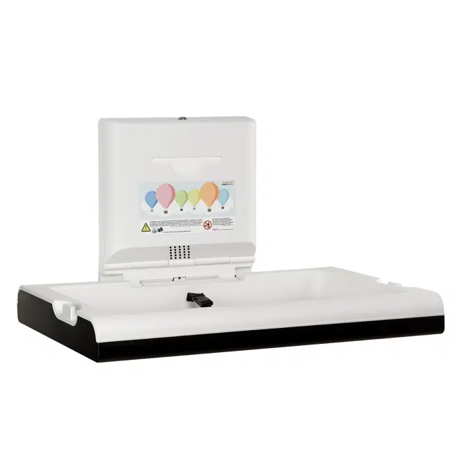 Horizontal baby changing station with ionizer made of white polypropylene and stainless steel exterior satin finish