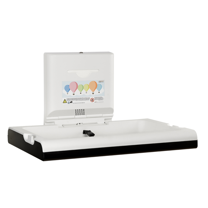 Horizontal white polypropylene baby changing station with ionizer and stainless steel exterior satin finish