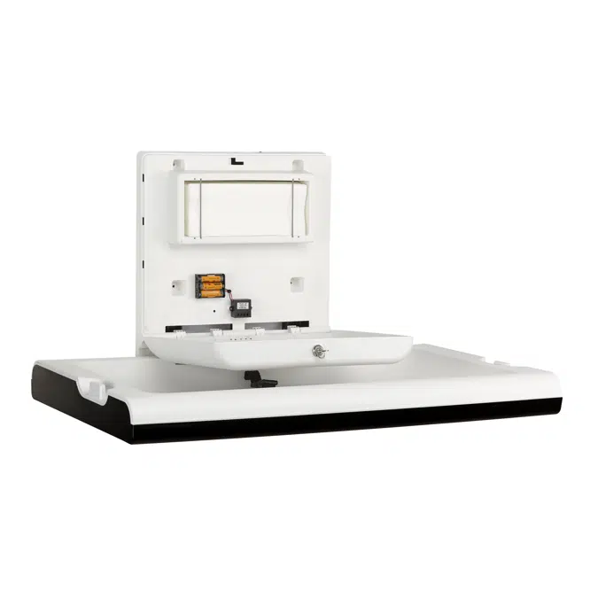 Horizontal baby changing station with ionizer made of white polypropylene and stainless steel exterior matte black finish